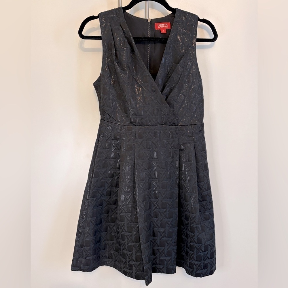 Kirna Zabete Sleeveless Metallic Jacquard Dress in black/ navy. V-neck, pockets.
